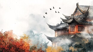 秋日古楼飞鸟图