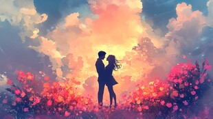 浪漫情侣在花海中甜蜜相拥