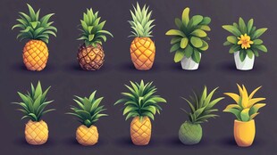 多样菠萝与绿植插画展示