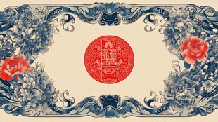 中式蓝红花卉吉祥图案