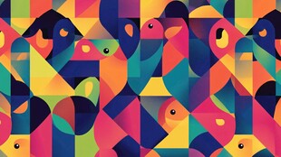 多彩几何图案中的抽象鱼