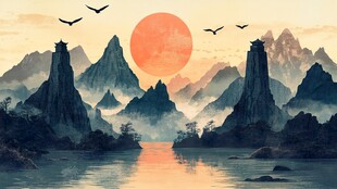 夕阳下的壮美山水景色