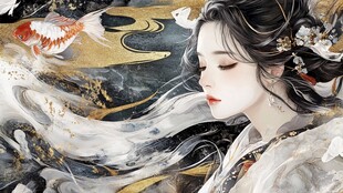 古风佳人伴锦鲤悠然图