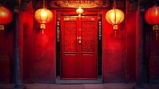 古宅红灯映照喜庆大门