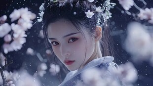 雪中美艳古风女子赏繁花