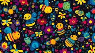 缤纷蜜蜂花卉童趣图案