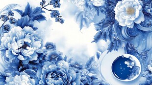 青花瓷韵牡丹雅致图景