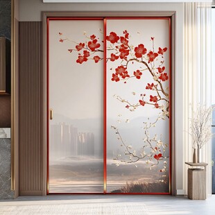 中式梅花图案玻璃推拉门
