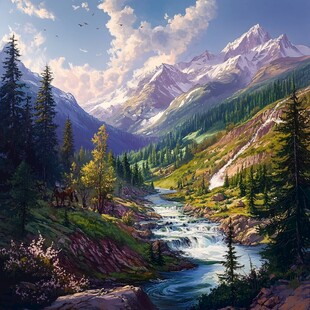 山间溪流旁的壮丽雪山风景