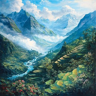 山间绿野中的梦幻河谷风景