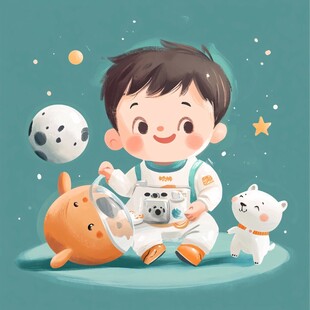 小男孩的太空梦幻玩耍时刻