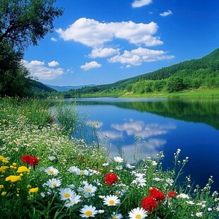 湖畔繁花映青山蓝天