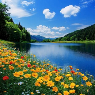 湖畔花海 自然的绚丽景致
