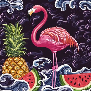 火烈鸟与水果的梦幻插画