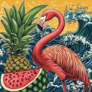 火烈鸟与热带水果海浪图景