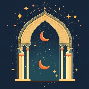 伊斯兰风格拱门月夜图景