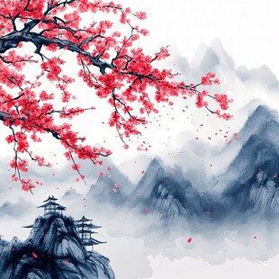 红梅映山景 古韵悠然