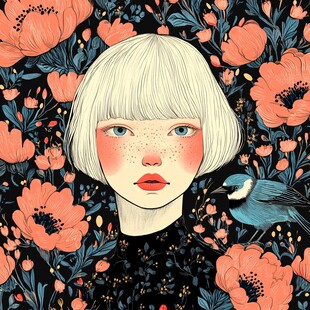 花丛中的短发雀斑少女