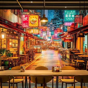 霓虹闪烁的街头美食夜市