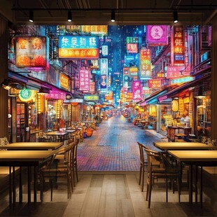 霓虹闪烁的复古街头餐厅