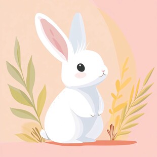 可爱白兔与绿植插画