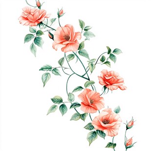 手绘粉色蔷薇花枝插画