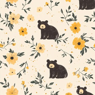 小熊花卉无缝图案背景