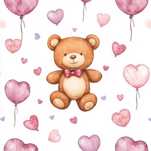 小熊与爱心气球梦幻插画