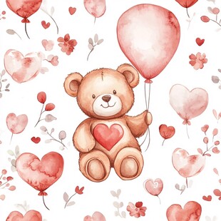 小熊持气球的浪漫爱心图案