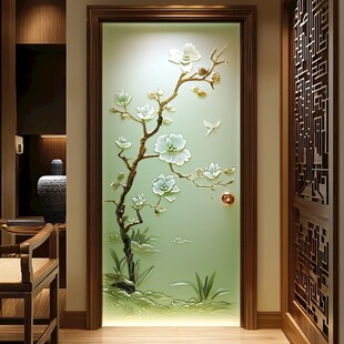 中式玉兰花玻璃门装饰