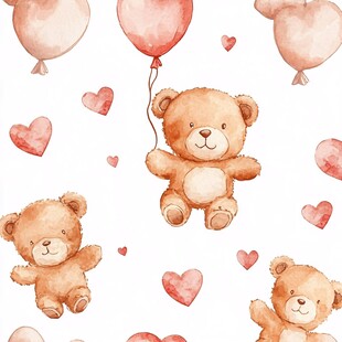 小熊气球爱心水彩图案