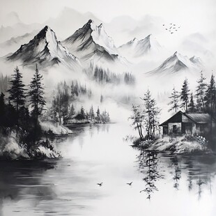 水墨山水间的静谧小屋