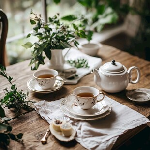 复古风雅致茶具与绿植搭配