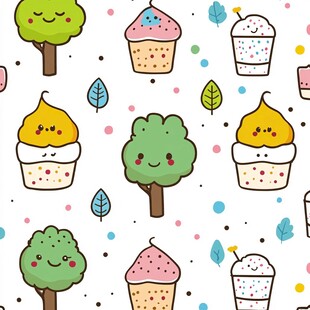可爱卡通纸杯蛋糕与小树图案