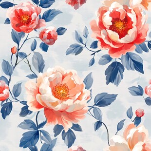 花卉图案 柔美牡丹与蓝叶组合