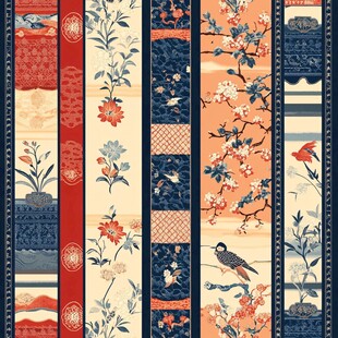 中式花鸟纹拼接复古图案
