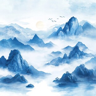 水墨山水间 飞鸟伴日升