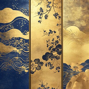 中式金蓝风山水花鸟装饰画