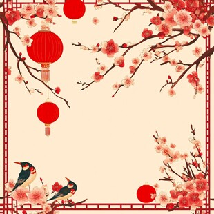 红梅灯笼迎春景