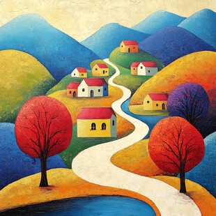 乡村小路旁的多彩小屋