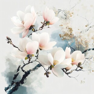 水墨玉兰花枝优雅绽放