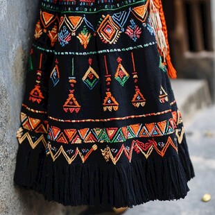 民族风刺绣流苏裙一角