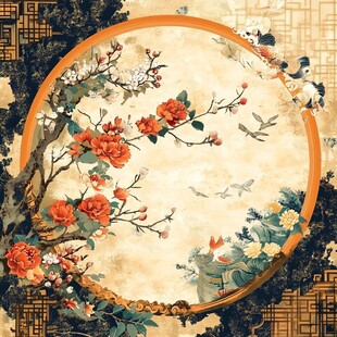 中式花鸟圆形古典装饰画