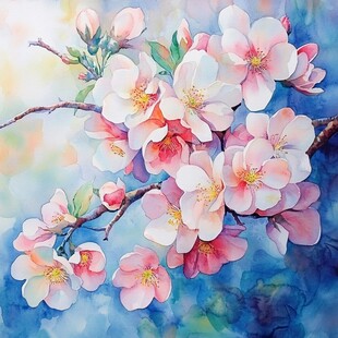 水彩绘就的烂漫桃花枝