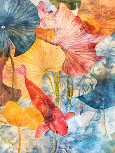 水彩绘锦鲤戏莲叶间