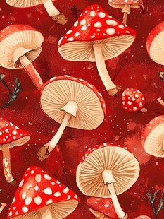 红色斑点蘑菇水彩插画