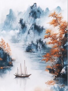 秋江孤舟山水诗意画卷