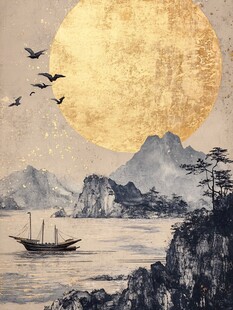 金月悬天山水孤舟飞鸟图