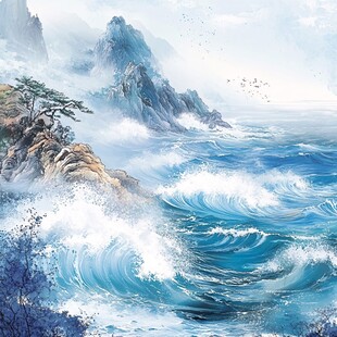 海浪拍岸 山间云涌之景