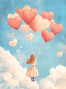 女孩乘爱心气球云端飞翔